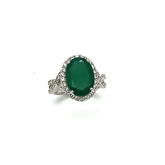 Large Oval Green Onyx & White Zircon Sterling Silver Ring, Size 6 - Picture 2 of 4